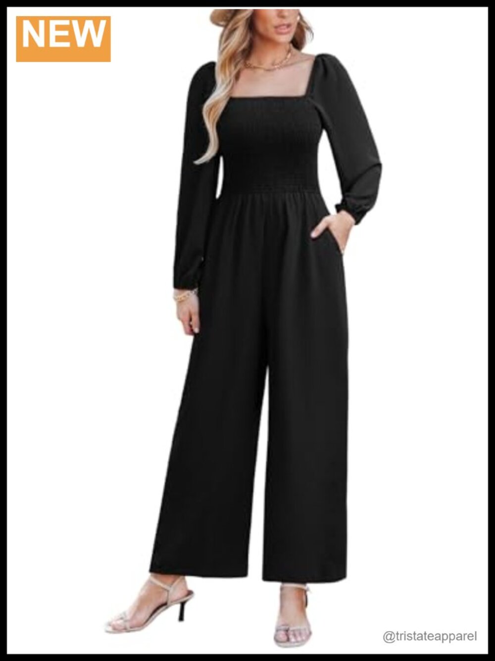 Smocked Square Neck Jumpsuit Long Sleeve Casual Wide Leg Ankle